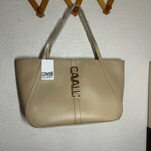 Cavalli Class Almond Buff Sandra Shopper Leather Tote with Gold Logo MSRP $118